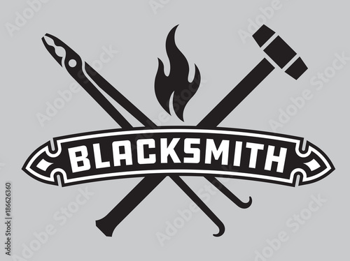 Blacksmith vector emblem or badge.
Retro style blacksmith design with forging tools including hammers, anvil, tongs and fire.