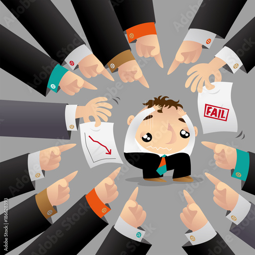 A man is surrounded and blamed by his colleagues because of poor performance