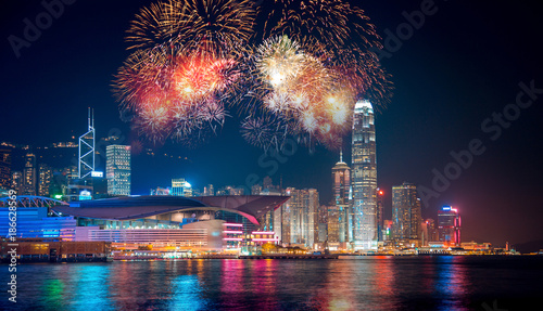 Photography Double exposure of fireworks and Hong Kong city