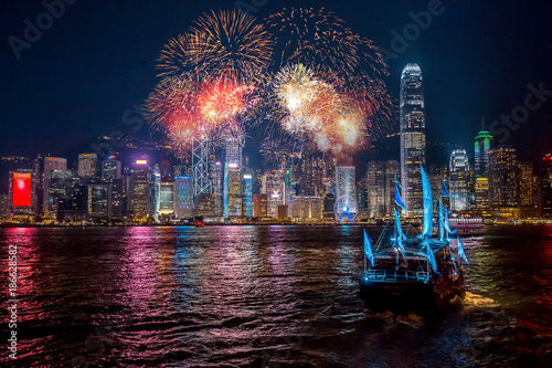Photography Double exposure of fireworks and Hong Kong city