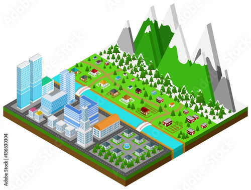 Graphic building real estate house and cityscape architecture in urban separate from countryside town with winter forest and mountains nature environment in 3D isometric design in isolated
