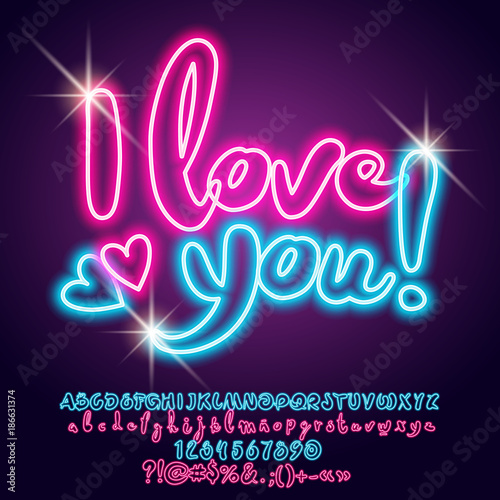 Vector neon light poster I love you with hearts. Set of bright shiny Alphabet Letters, Numbers and Punctuation Symbols
