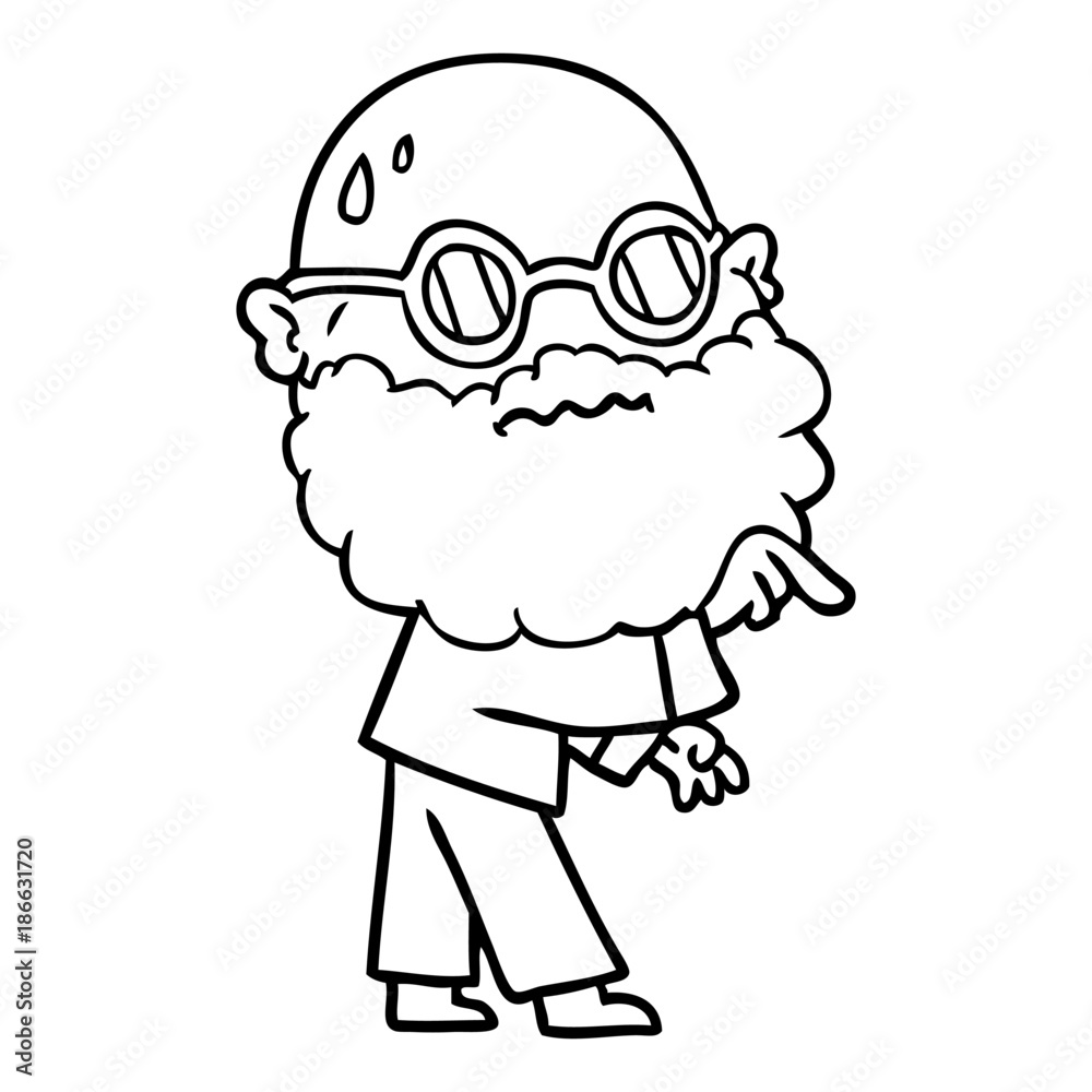cartoon worried man with beard and spectacles pointing finger