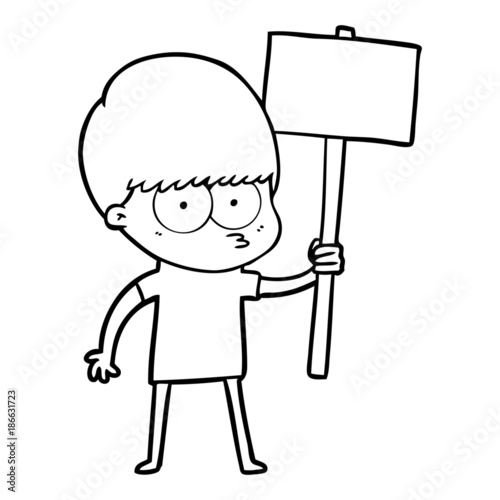 nervous cartoon boy holding placard