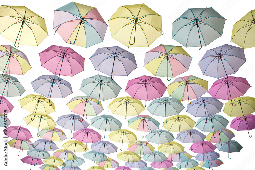 Colorful umbrellas on white background