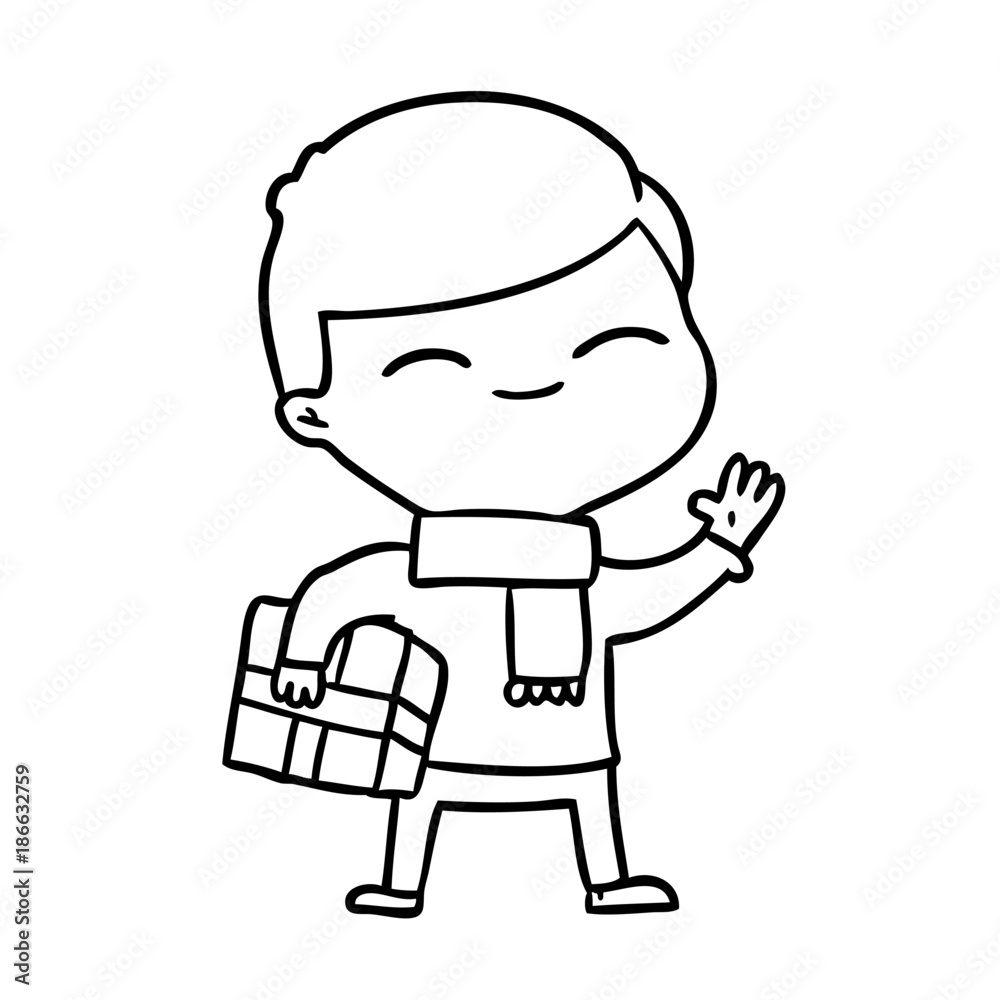 cartoon smiling boy with gift