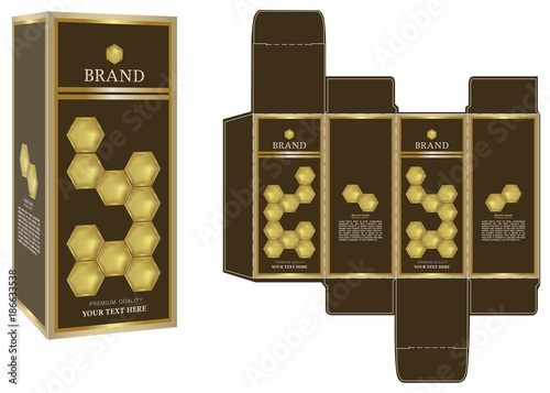 Packaging Design, Golden honey cosmetic box design template and mockup box. illustration vector.