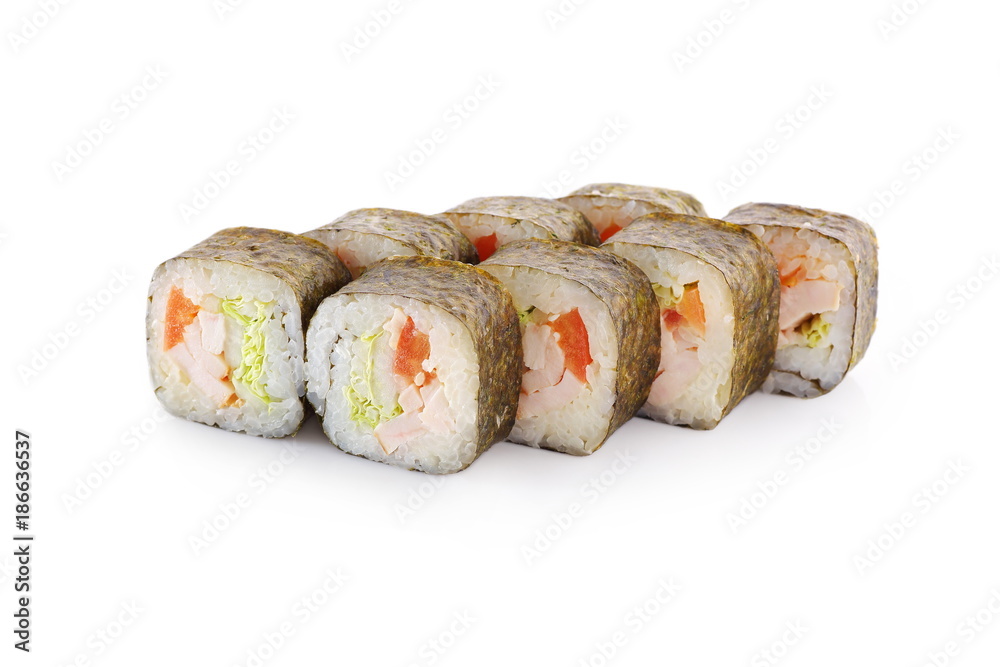 Sushi Caesar with tomato, Chinese cabbage, smoked chicken, nori on a white background isolated Sushi Caesar with tomato, Chinese cabbage, smoked chicken, nori on a white background isolated