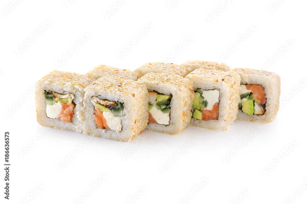 Sushi Tokyo with eel, salmon, cheese, avocado, Unagi sauce, sesame, nori on a white background isolated