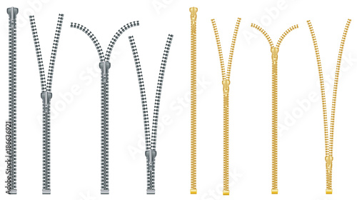 Metal and Plastic Zipper Set Isolated on White Background. Close and Open Positions.