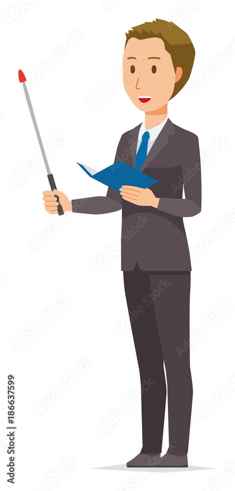 A young businessman has an instruction stick A young businessman has an instruction stick