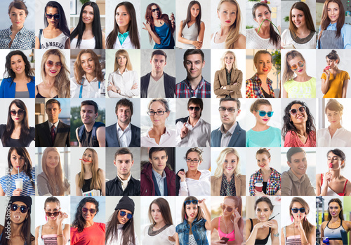 Collection of different many happy smiling young people faces caucasian women and men. Concept business  avatar.