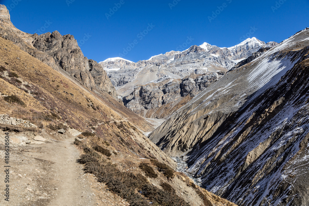 Hiking trail leading to the Thorung La pass along the Annapurna circuit trek in Nepal
