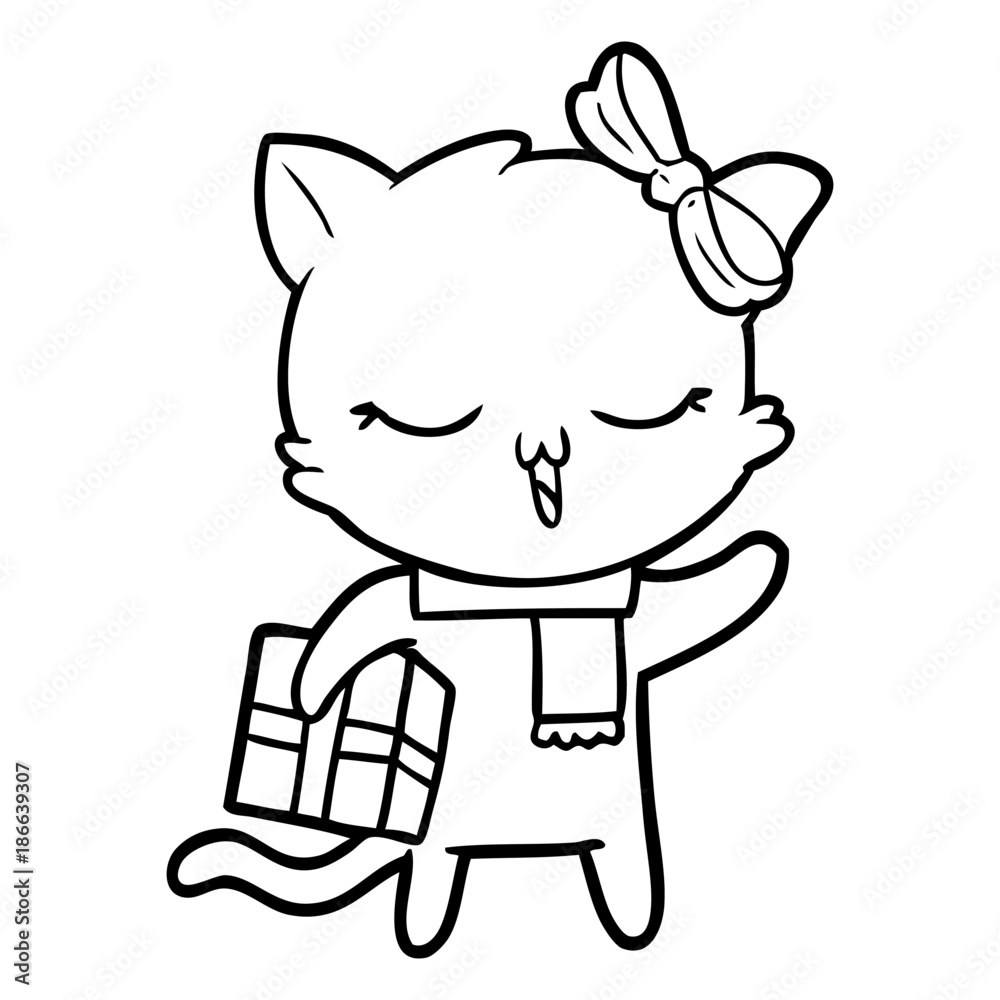 cartoon girl cat with christmas present