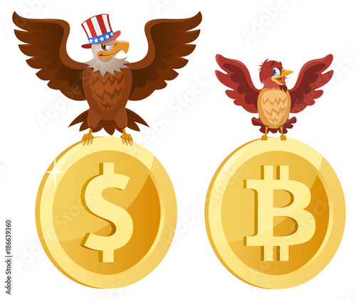 American Bald eagle sits on the dollar symbol, and sparrow sits on the bitcoin symbol. Cartoon styled vector illustration. Elements is grouped. Isolated on white. No transparent objects.