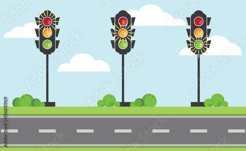 Set of traffic light signal with red, yellow and green color on the road with blue sky and cloud, Flat design and vector of traffic light icon