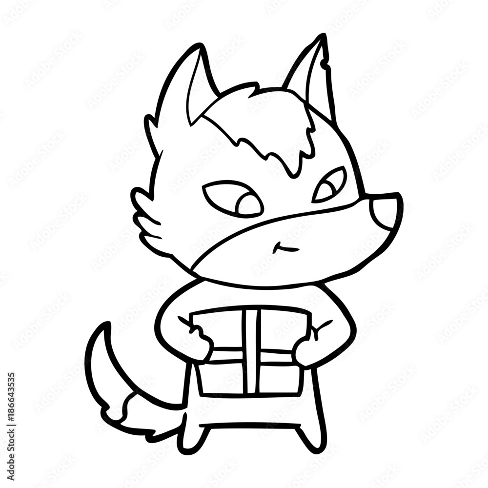 friendly cartoon wolf with gift friendly cartoon wolf with gift