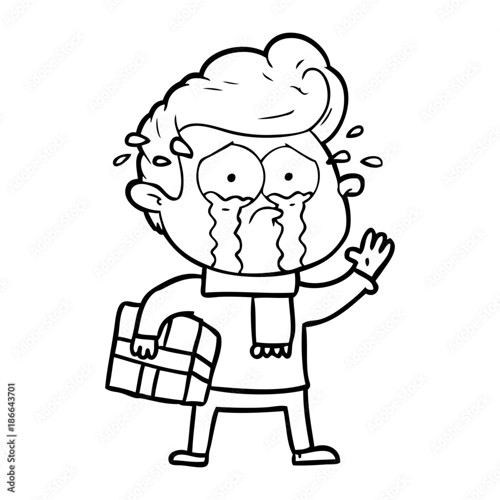 cartoon crying man with present