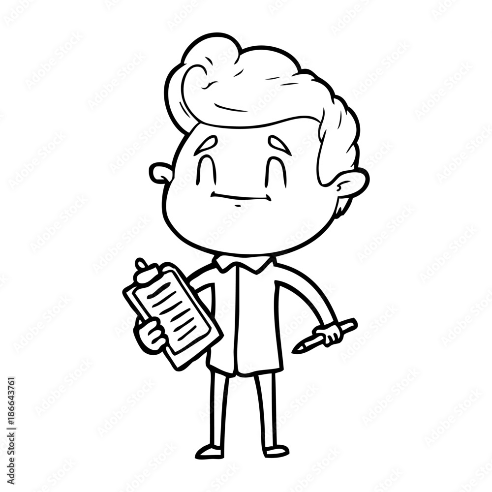 happy cartoon man with pen and clipboard