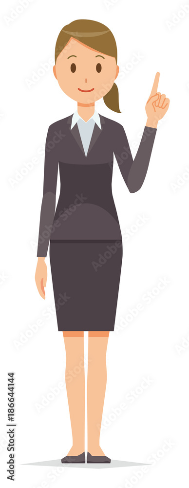 Business woman in suit is pointing to finger Business woman in suit is pointing to finger