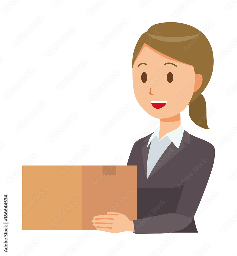 A business woman in a suit has a cardboard box A business woman in a suit has a cardboard box