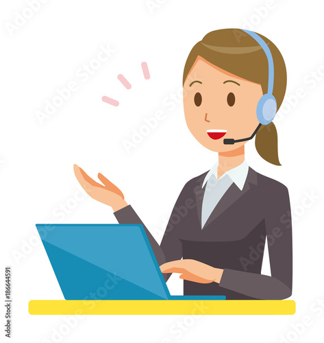 Business woman in suit is talking with headset
