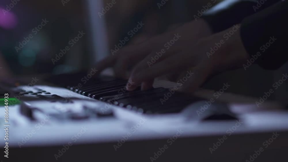 Concert in the club, the musician plays the synthesizer.
Concert in the club, the musician plays the synthesizer.