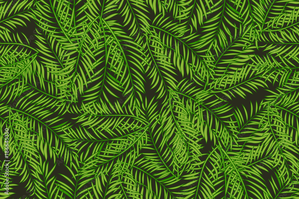Seamless pattern with palm tree green leaves on dark background. Seamless pattern with palm tree green leaves on dark background.