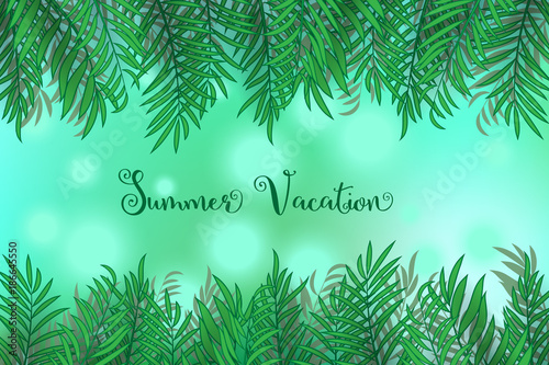 Green palm tree leaves on green bokeh  defocused background with Summer Vacation text.