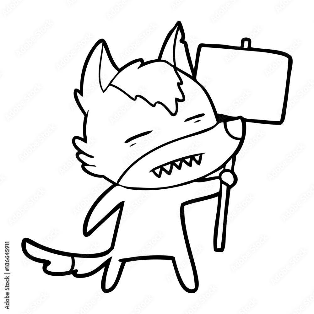cartoon wolf with sign post showing teeth cartoon wolf with sign post showing teeth