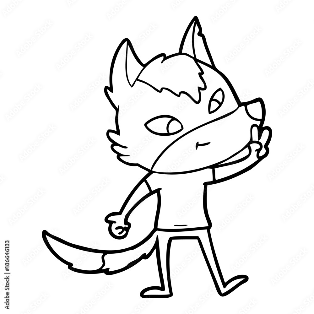 Obraz premium friendly cartoon wolf giving peace sign