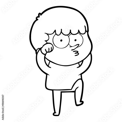 cartoon curious boy rubbing eyes in disbelief