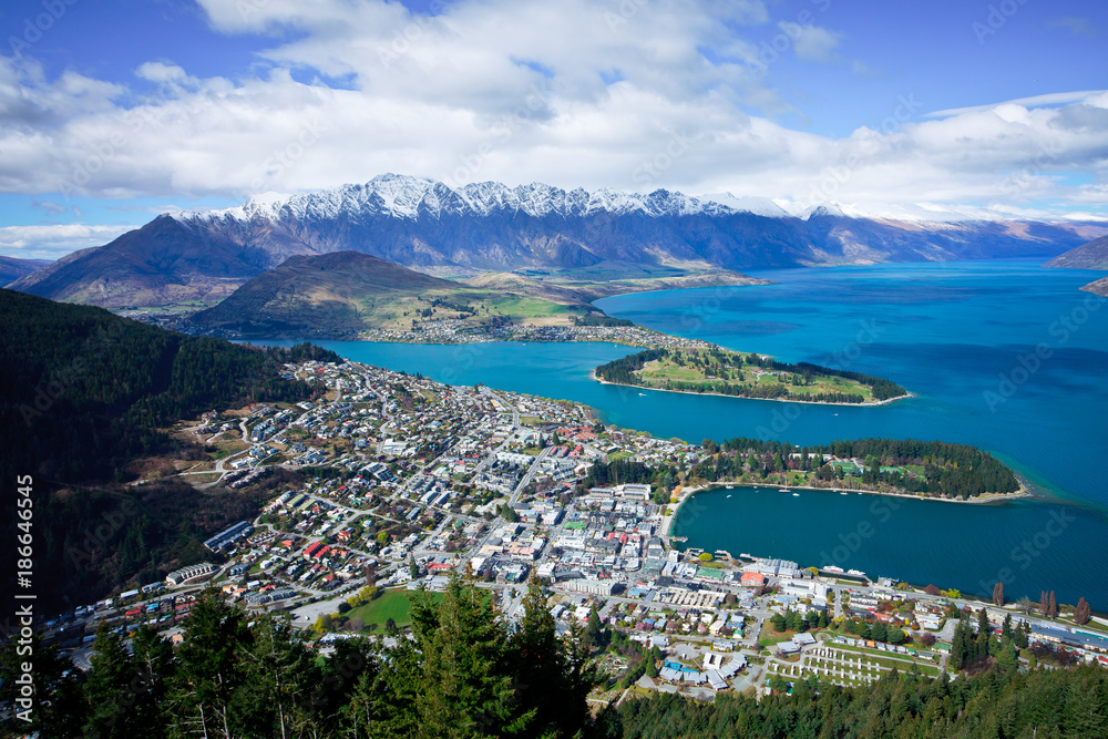 Aerial photograph of Queenstown in the South Island of New Zealand.