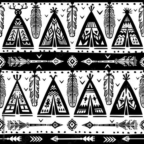 Seamless with wigwams, arrows and feathers