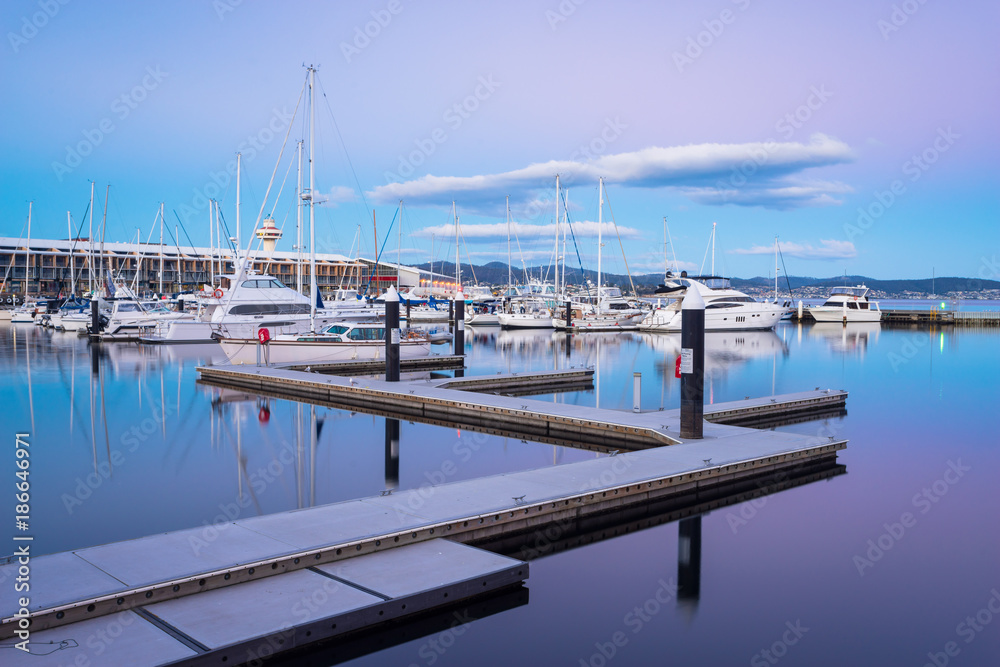 Sunset at the pier, Constitution Dock in Hobart, Tasmania, Australia.