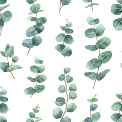 Sierkussen Aquarel bladerprint patronen Watercolor vector seamless pattern with silver dollar eucalyptus leaves and branches.  © ElenaMedvedeva
