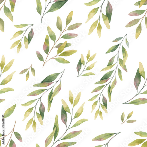 Watercolor vector seamless pattern with silver dollar eucalyptus leaves and branches.