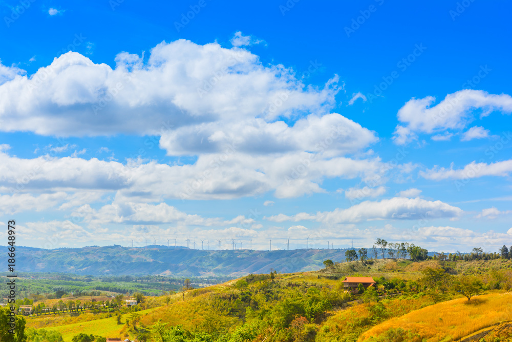 Countryside view with mountain and cloudy sky in Thailand