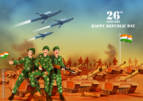 Indian army with flag for Happy Republic Day of India