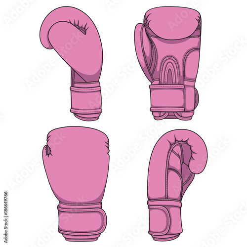 Set of illustrations with pink boxing gloves. Isolated colorful vector objects on white.