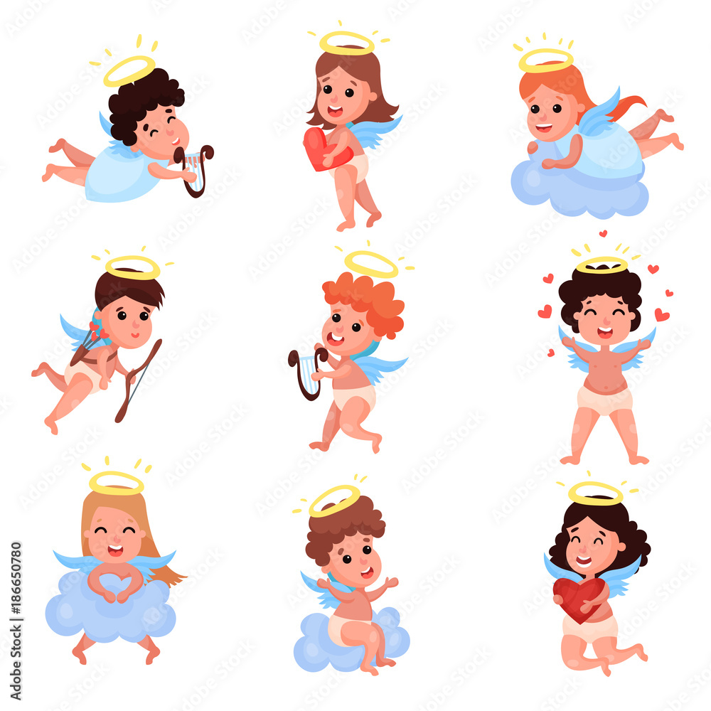 Lovely small angels playing on clouds set, cute cupids lying on a cloud, shooting a bow, playing music on the lyre cartoon vector Illustrations Lovely small angels playing on clouds set, cute cupids lying on a cloud, shooting a bow, playing music on the lyre cartoon vector Illustrations