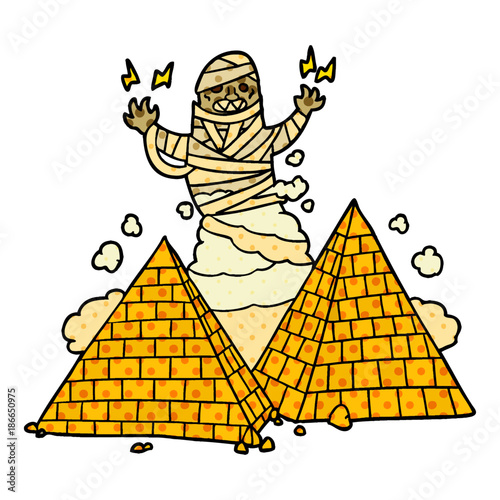 cartoon mummy and pyramids