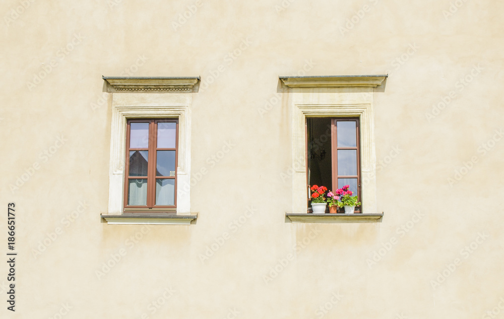 Beautiful windows on the wall of an old house.