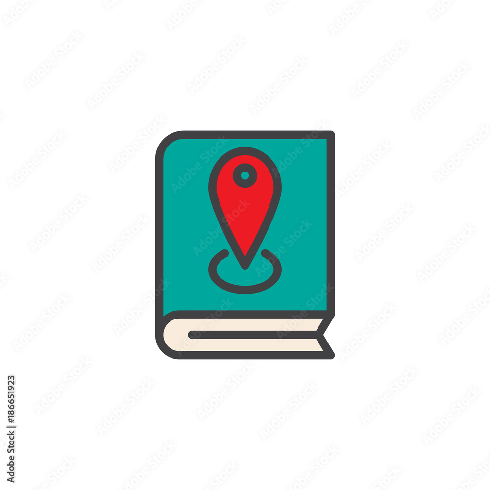 Book with pin location filled outline icon, line vector sign, linear colorful pictogram isolated on white. Pin book symbol, logo illustration. Pixel perfect vector graphics Book with pin location filled outline icon, line vector sign, linear colorful pictogram isolated on white. Pin book symbol, logo illustration. Pixel perfect vector graphics