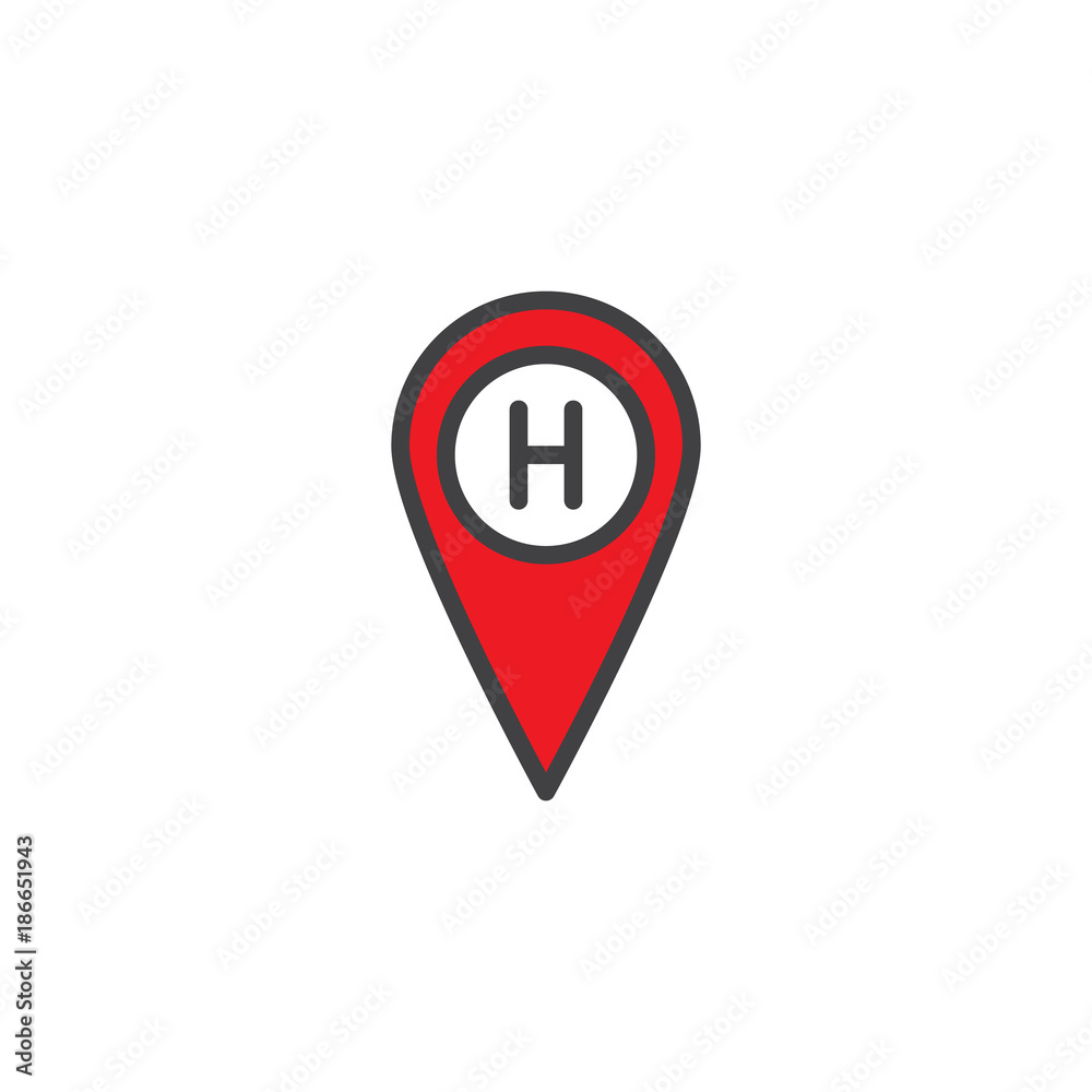 Hospital location filled outline icon, line vector sign, linear colorful pictogram isolated on white. Map pointer with hospital symbol, logo illustration. Pixel perfect vector graphics Hospital location filled outline icon, line vector sign, linear colorful pictogram isolated on white. Map pointer with hospital symbol, logo illustration. Pixel perfect vector graphics