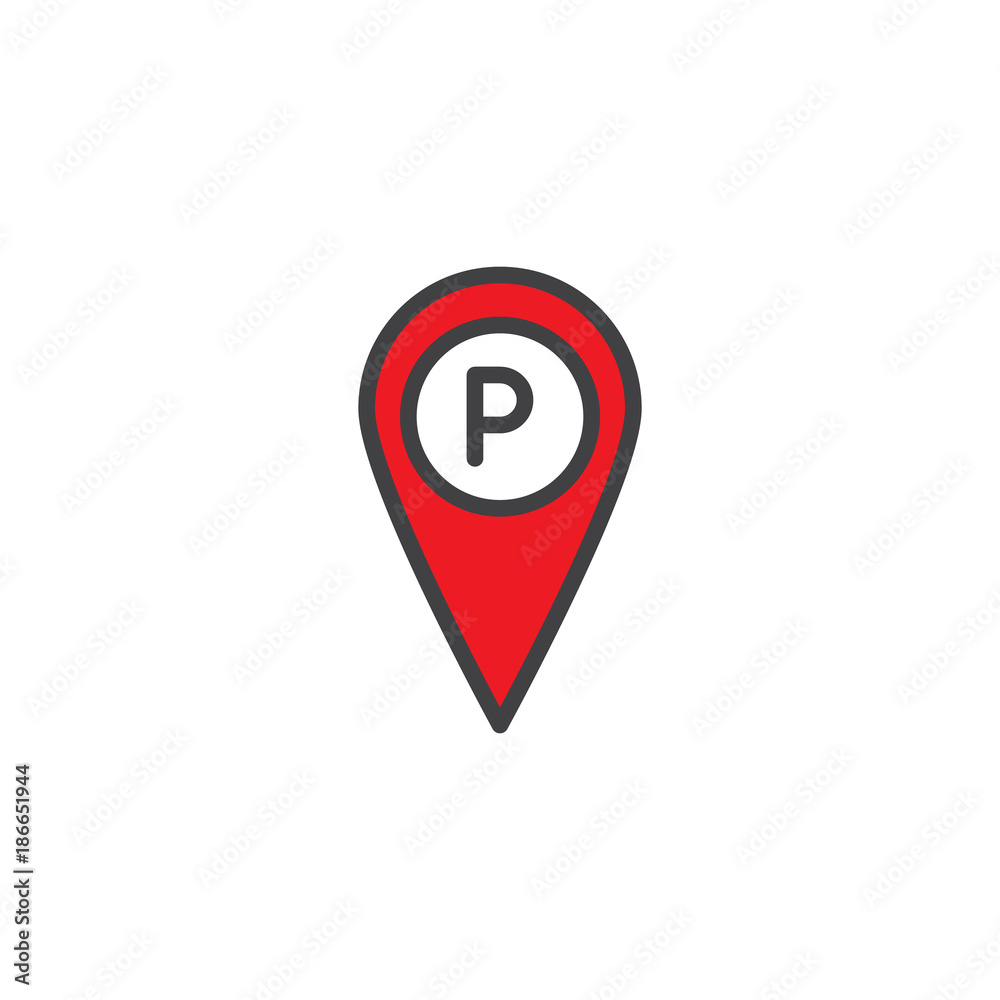 Parking place location pin filled outline icon, line vector sign, linear colorful pictogram isolated on white. Map pointer with car parking symbol, logo illustration. Pixel perfect vector graphics Parking place location pin filled outline icon, line vector sign, linear colorful pictogram isolated on white. Map pointer with car parking symbol, logo illustration. Pixel perfect vector graphics