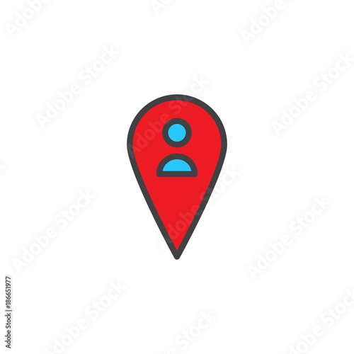 Map pointer with person filled outline icon, line vector sign, linear colorful pictogram isolated on white. Man location pin symbol, logo illustration. Pixel perfect vector graphics