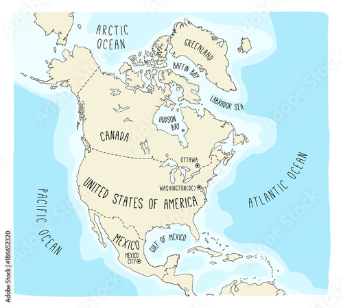 Hand drawn vector map of North America. Blueprint style cartography of North America including Mexico, United States and Canada