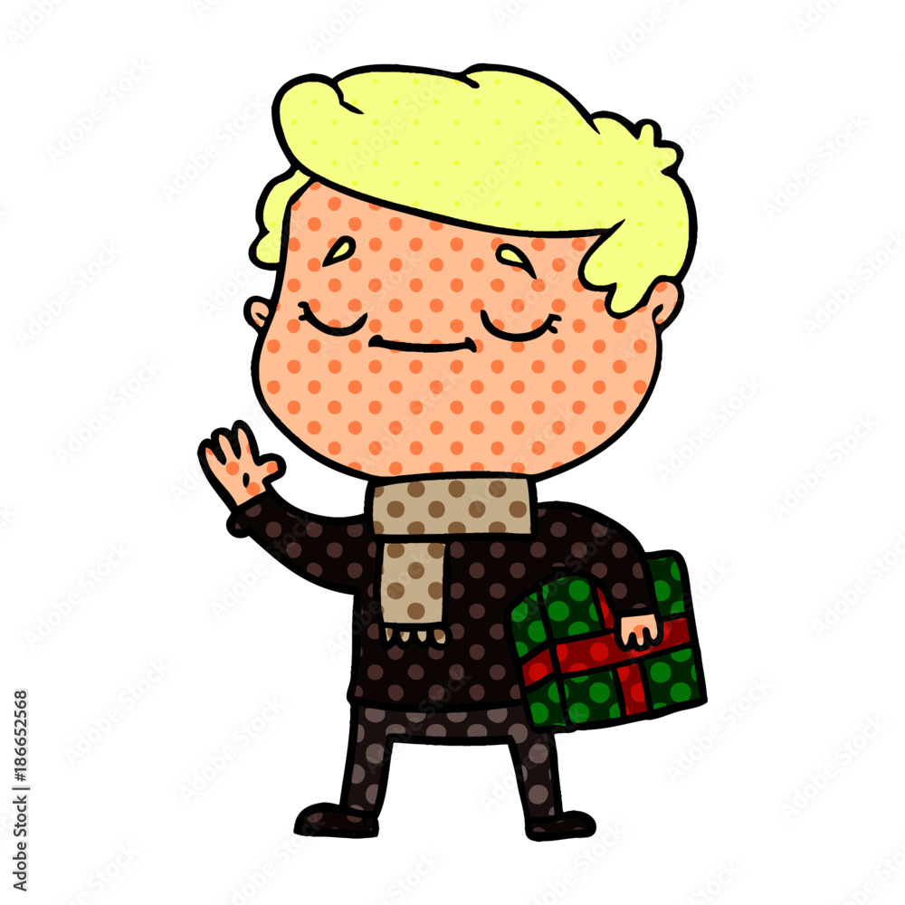 cartoon man carrying christmas present waving
