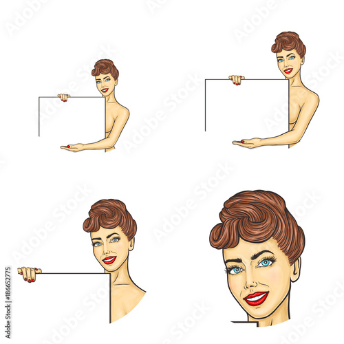 Vector set of female round avatar icons in pop art style. Sexy, smiling, naked woman with blue eyes, brown hair, red lips and nails, holds blank sheet or banner and points hand at empty place for text